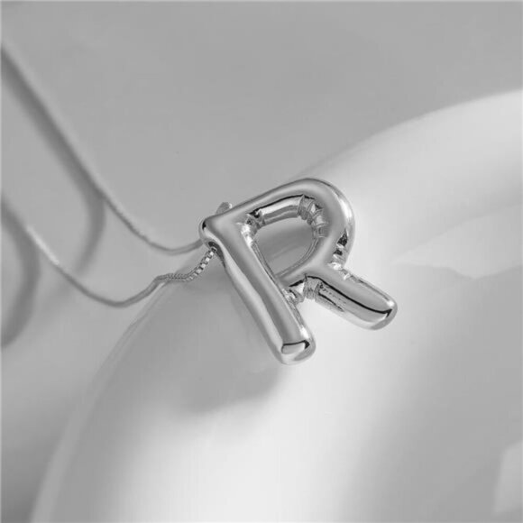 Silver Initial Pendant Necklace – Personalized Letter “R” Trendy Stuffed Bubble - Picture 2 of 5